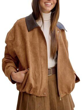 Women's Brown Faux Suede Oversized Cropped Bomber Jacket Motorcycle Coat